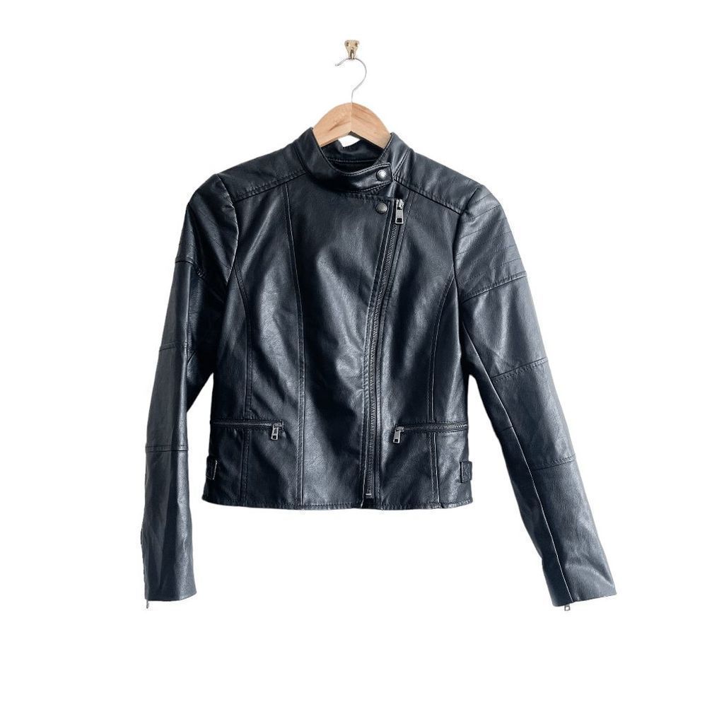 Banana Republic Womens Moto Faux Leather Jacket Full Zip Mock Neck Black XS